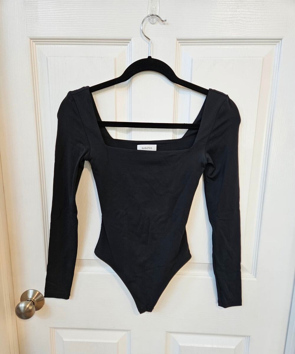 Babaton XS Black Long Sleeve Square Neck Bodysuit Stretch Nylon Minimalist